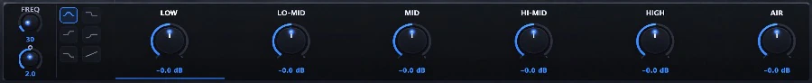 Six-band EQ strip showing band labels Low, Lo-Mid, Mid, Hi-Mid, High and Air with frequency and gain values.