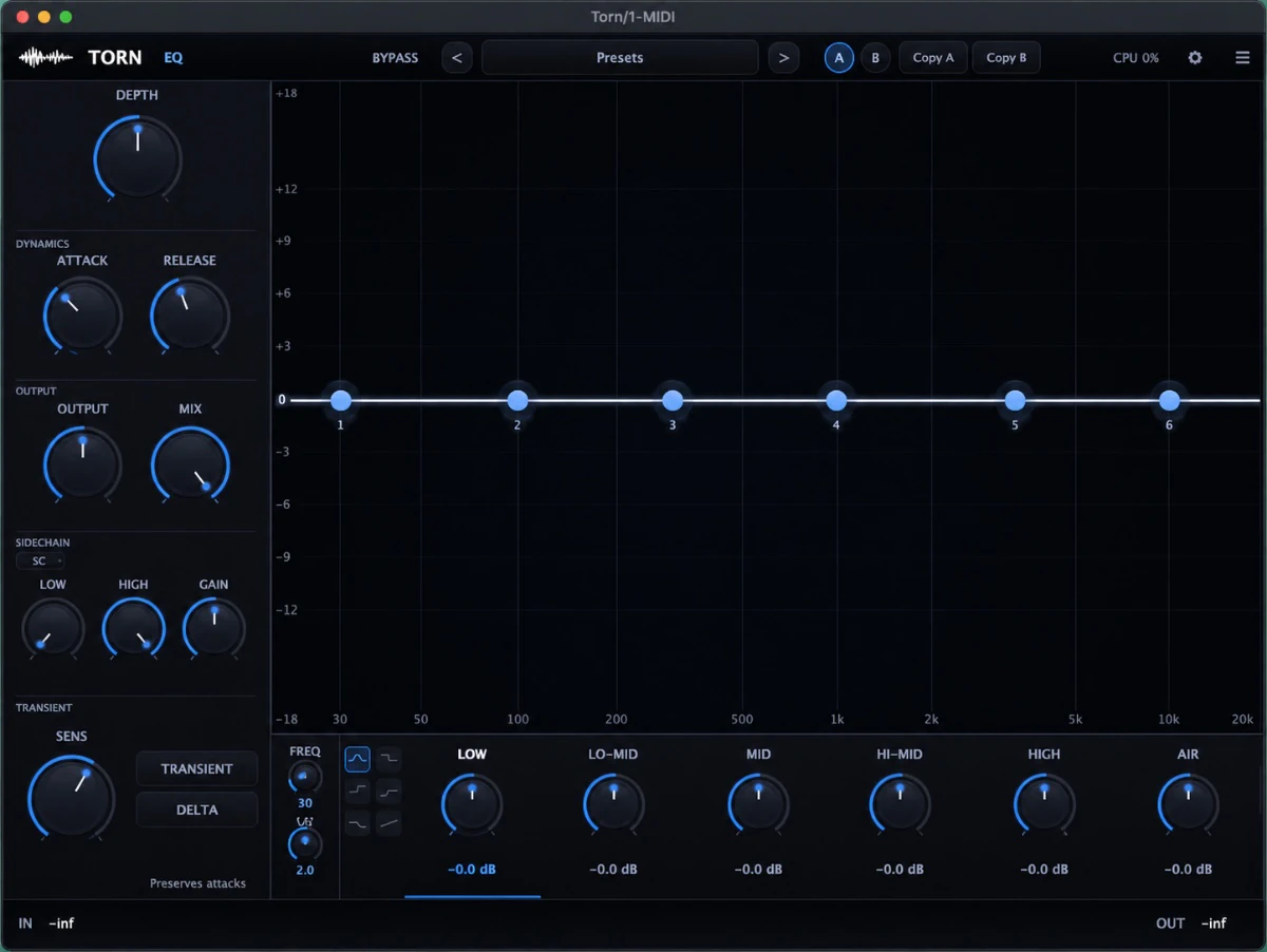 Torn plugin full interface: spectrum analyzer with six band nodes, dynamic EQ controls, transient detector and sidechain section.