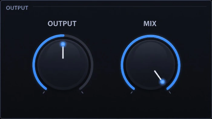 Output section with calibrated output level and parallel Mix control.