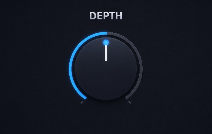 Close-up of the Depth knob — a single rotary control that sets how hard the dynamic bands push.