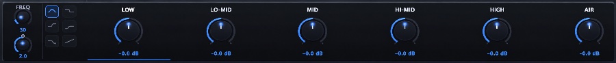 Six-band EQ strip showing band labels Low, Lo-Mid, Mid, Hi-Mid, High and Air with frequency and gain values.