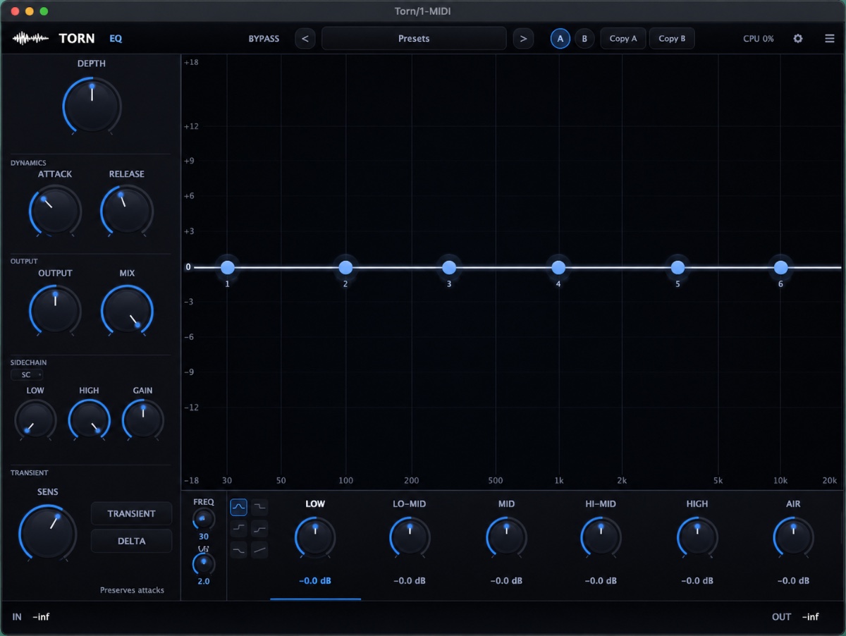 Torn plugin full interface: spectrum analyzer with six band nodes, dynamic EQ controls, transient detector and sidechain section.