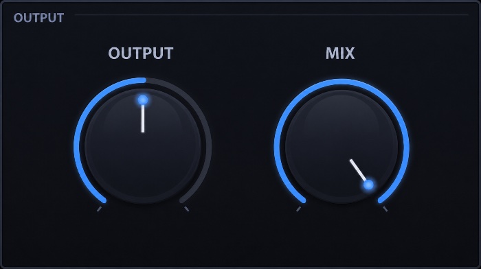 Output section with calibrated output level and parallel Mix control.