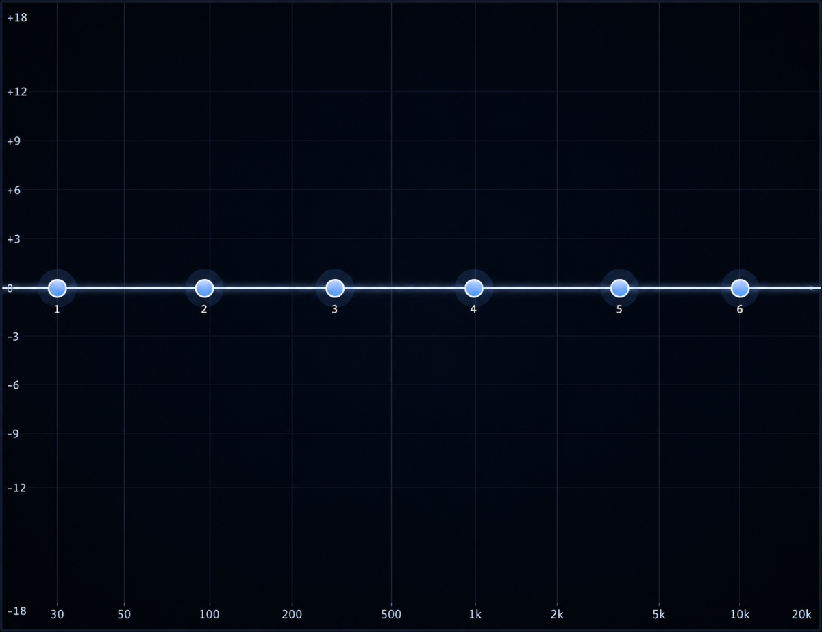 High-resolution spectrum view of Torn with six draggable band nodes plotted across the frequency range.
