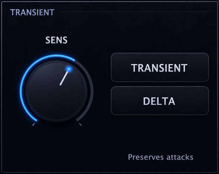 Transient detector module with sensitivity controls and a Delta listen toggle.